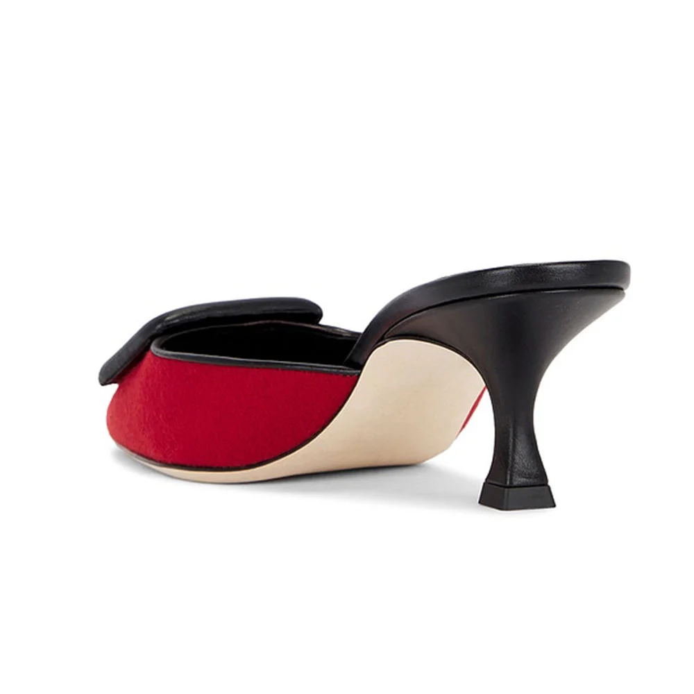 Women's Red Kitten Heel Pointy Toe Mules Shoes with Buckle Decor