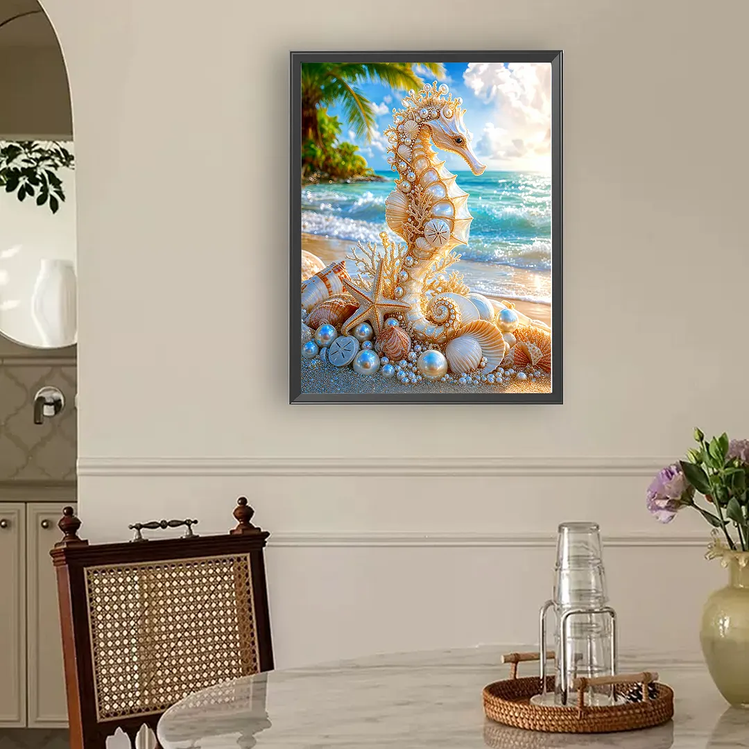 Pearl Seahorse Ornament Full DIY 5D Round Drill Diamond Painting Kit for Adults/Beginners Gift Home Decor Diamond Dots Paintings Picture Arts Craft 30x40cm
