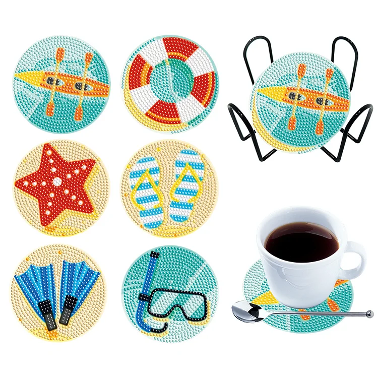 6PCS Diamond Painting Coasters Kits with Holder Wooden Beach Holiday Marine Life
