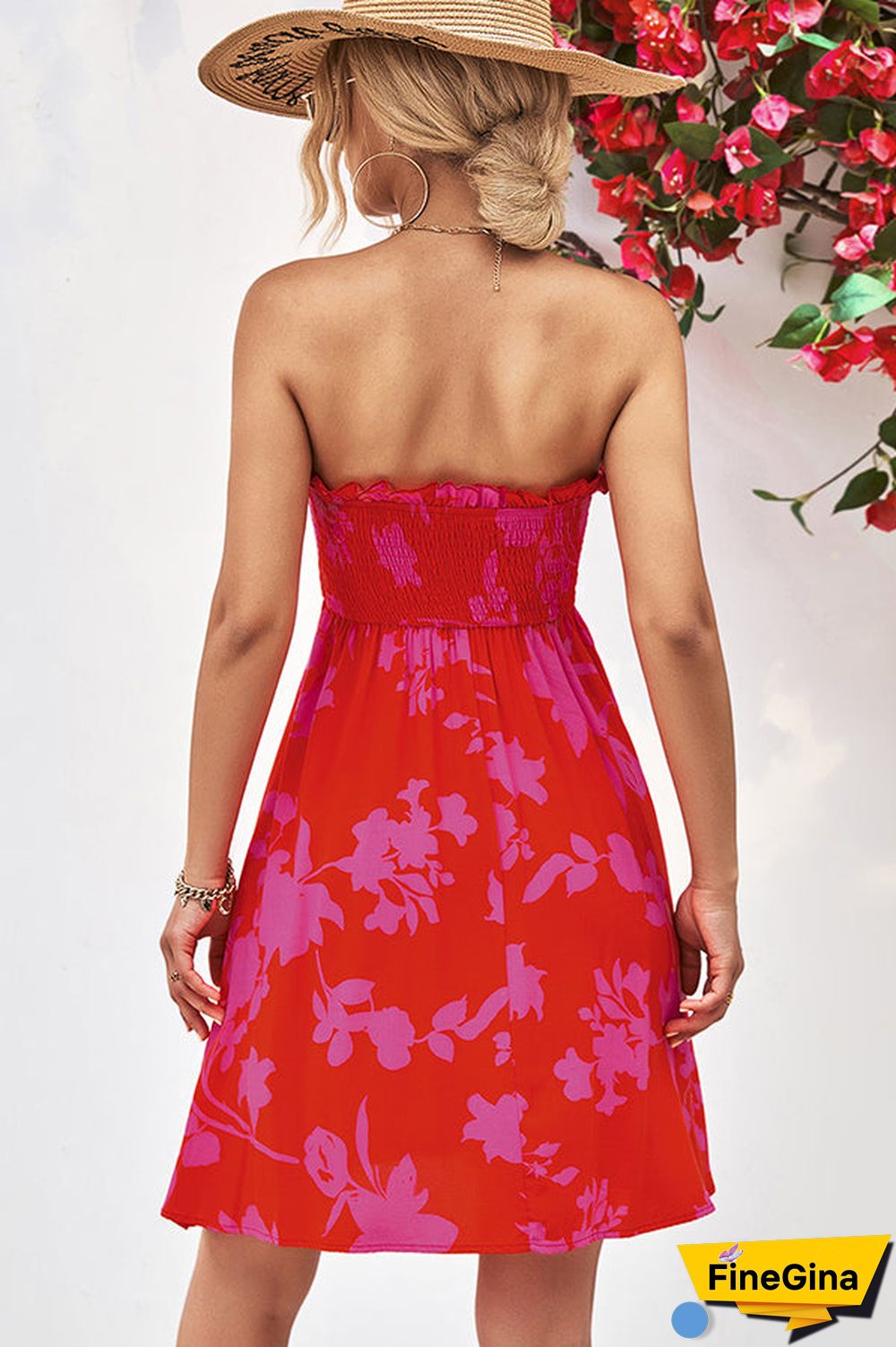 Smocked Frill Bandeau Floral Print Mini Dress