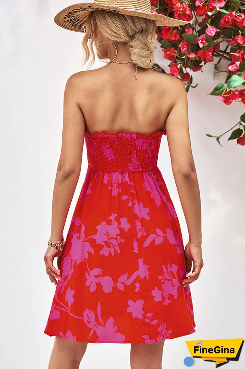 Smocked Frill Bandeau Floral Print Mini Dress