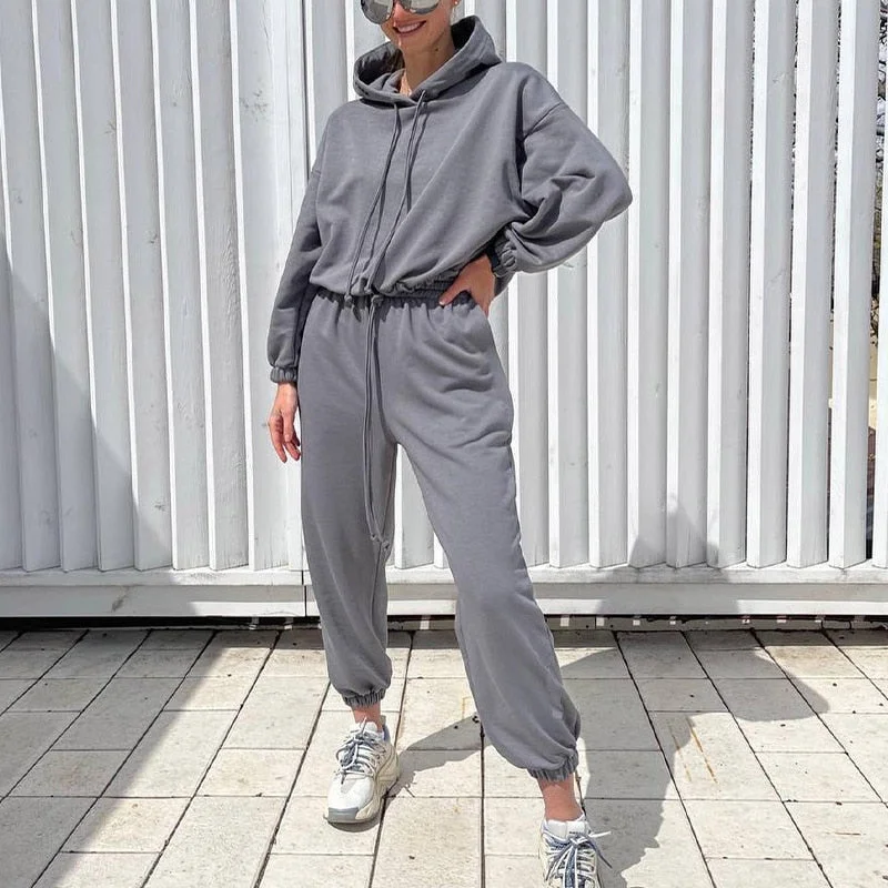 Women Casual Solid Pajama Set Long Sleeve Hoodie Sweatshirts And Drawstring Pant Two Piece Sets Autumn Winter Fashion Tracksuits