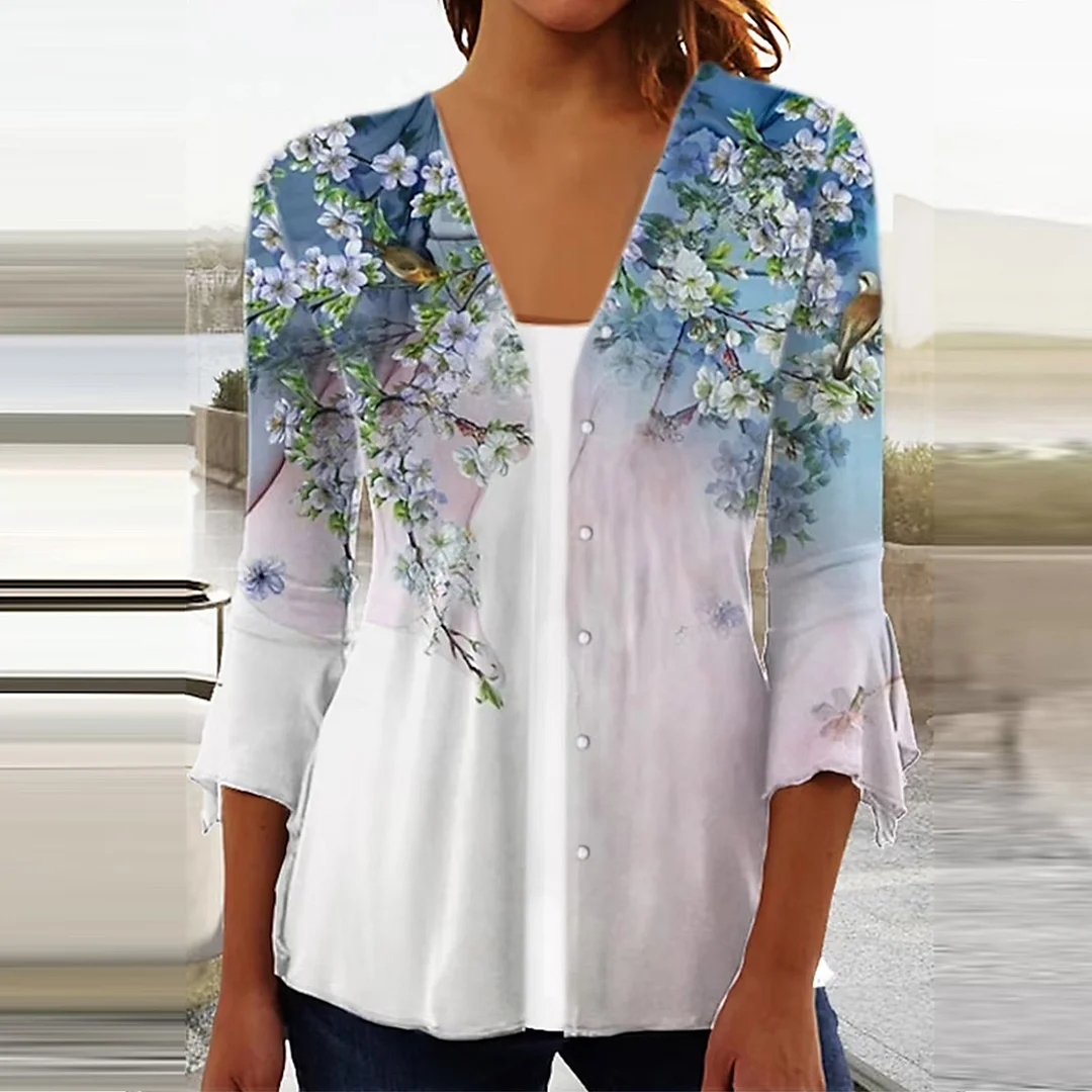 Women's Shirt Blouse White Red Purple Graphic Floral Print 3/4 Length Sleeve Casual Basic V Neck Regular Floral S