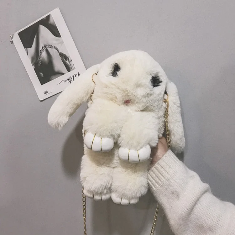 cute plush bunny rabbit women shoulder bags cartoon lady chains crossbody bag luxury faux fur messenger bag small amimal purses