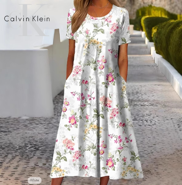 Sukienka Calvin Klein na wiosnę/lato z okrągłym dekoltem i krótkimi rękawami