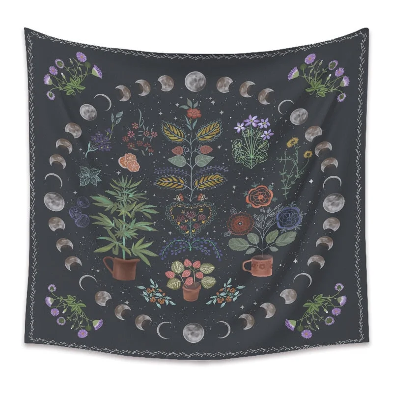 Moon Phase Tapestry Wall Hanging Botanical Celestial Floral Wall Tapestry Boho Flower Wall Carpets Dorm Decor Starry SkyCarpet