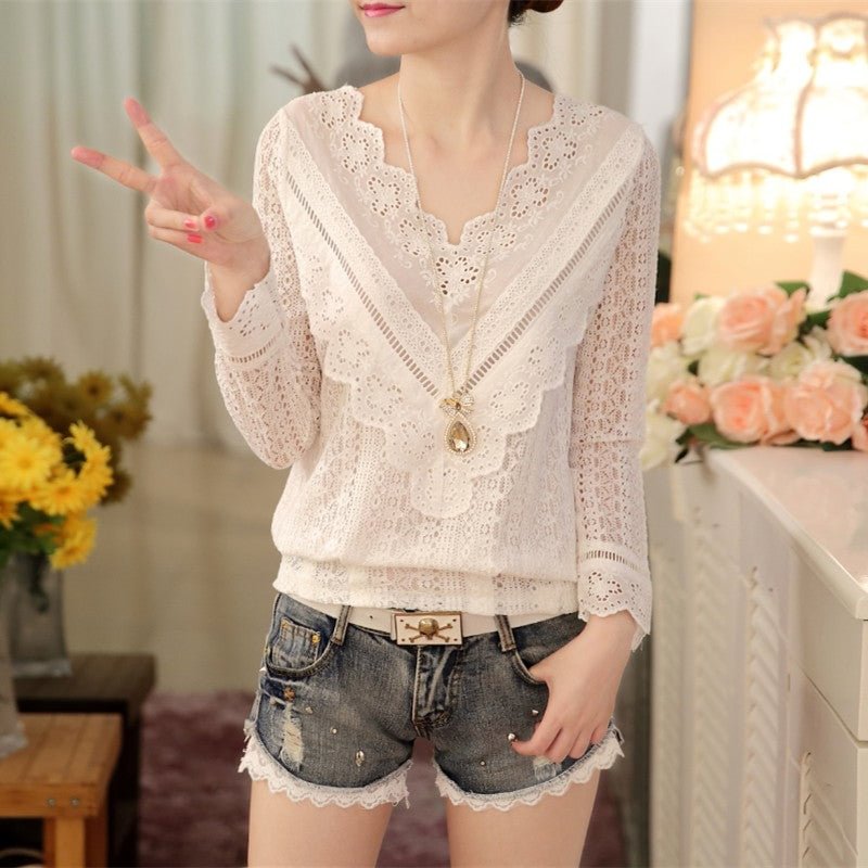 Korean V Neck 2021 Lace Blouse Women Spring and Autumn Fashion Long Sleeve Slim Shirt New Arrival Hot Sale Top Female 63C 30
