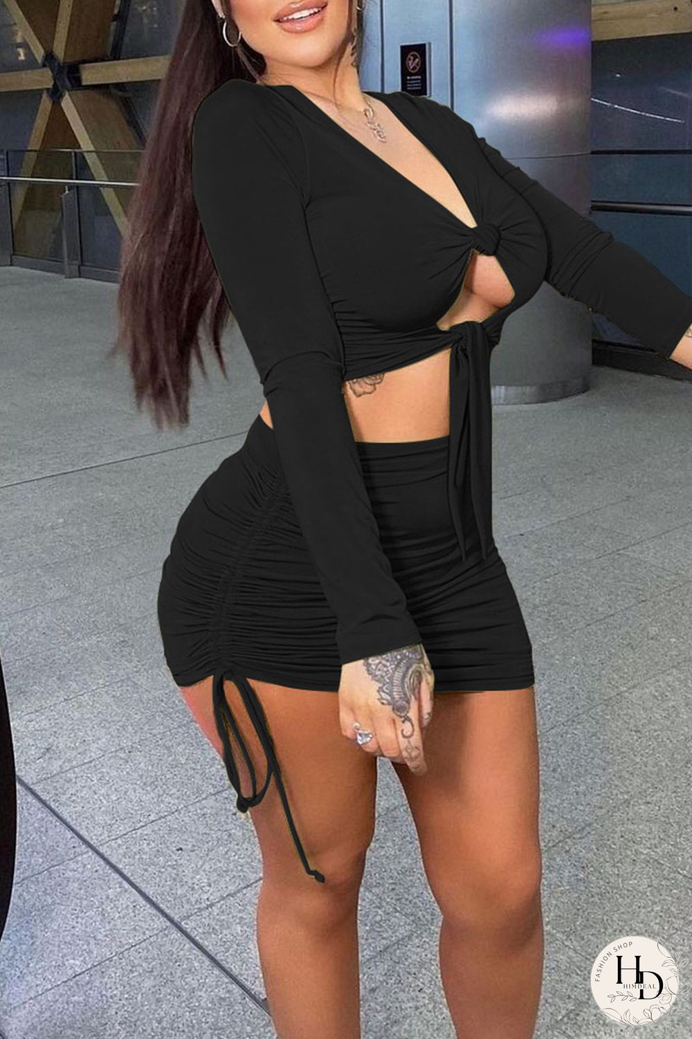 Black Sexy Solid Hollowed Out Split Joint Draw String Fold Knotted V Neck Long Sleeve Two Pieces