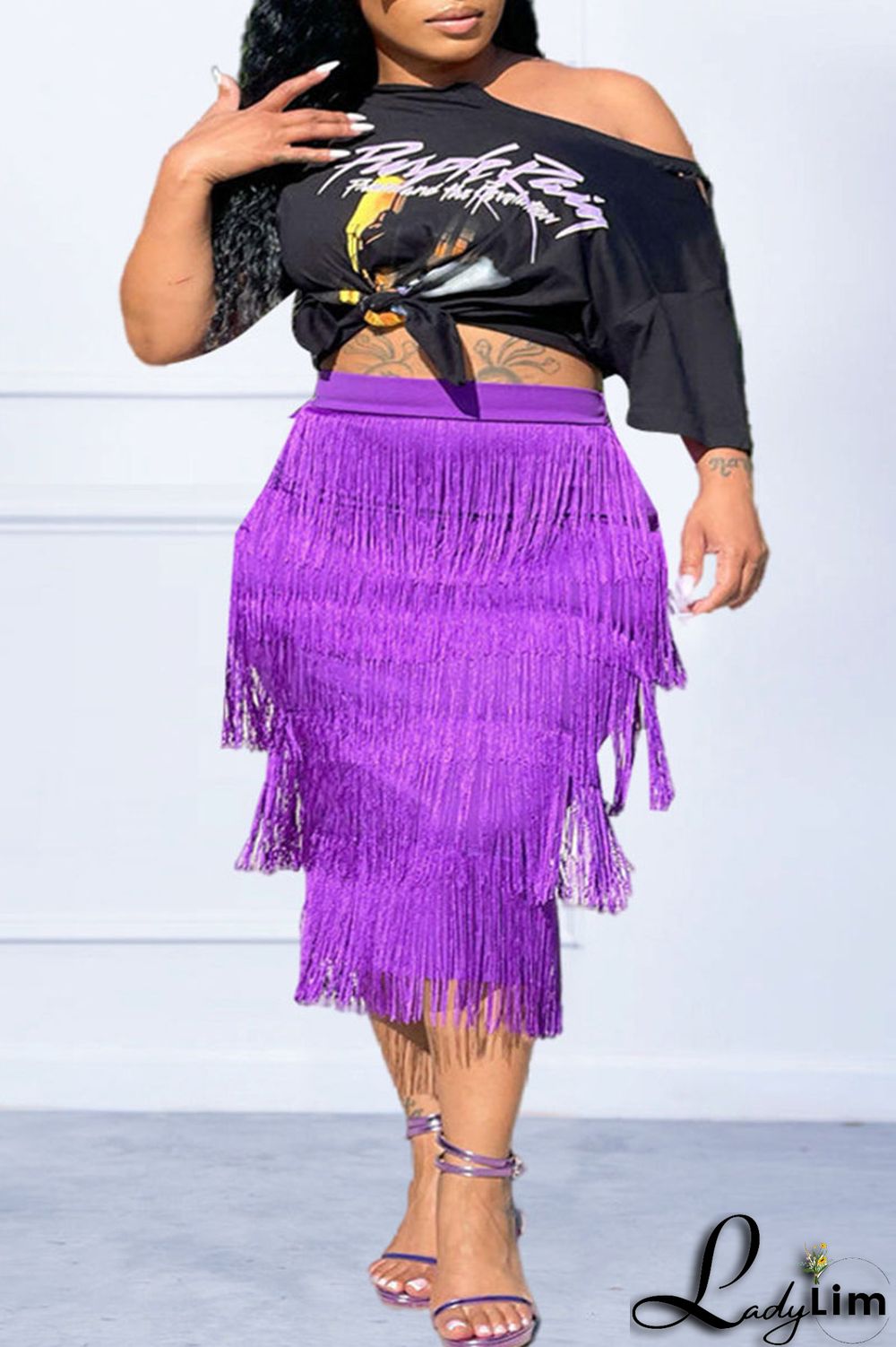 Black Casual Print Tassel Split Joint O Neck Plus Size Two Pieces