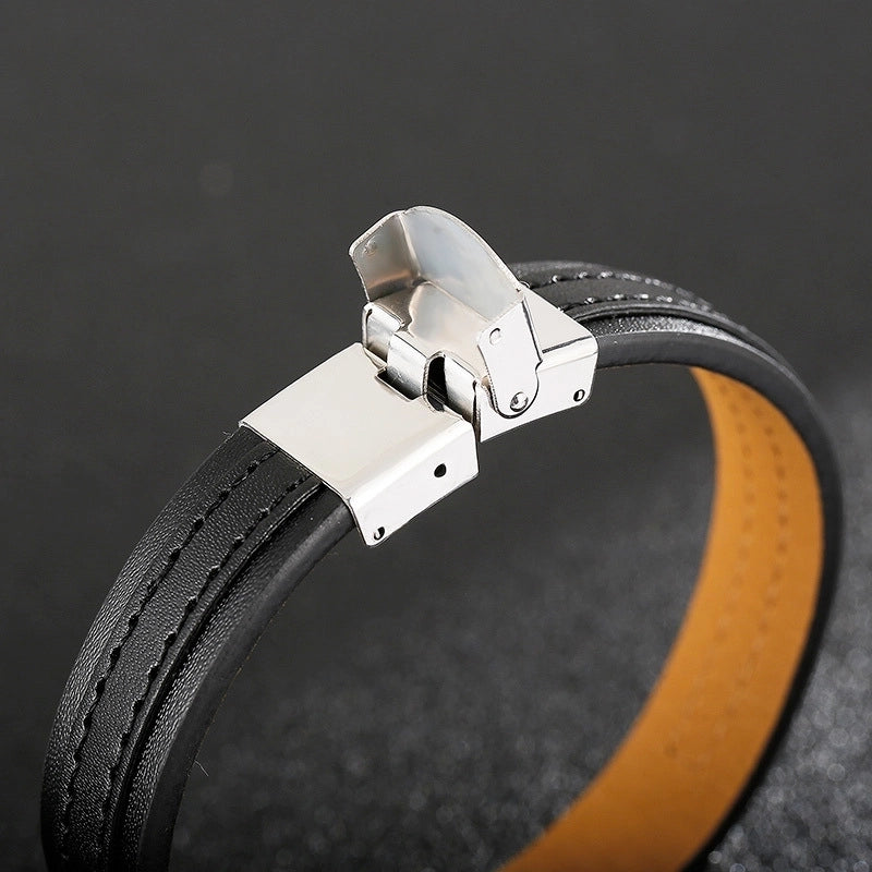 Hip-Hop Retro Color Block Pu Leather Titanium Steel Chain 18K Gold Plated Men’s Bangle