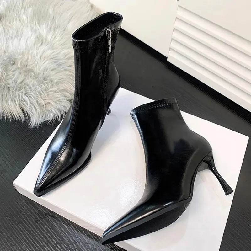 Breakj Breakj Autumn Sharp Leather Fashion Thin Short Boots Women's Side Zipper Fine And High And Thin Boots Naked Boots
