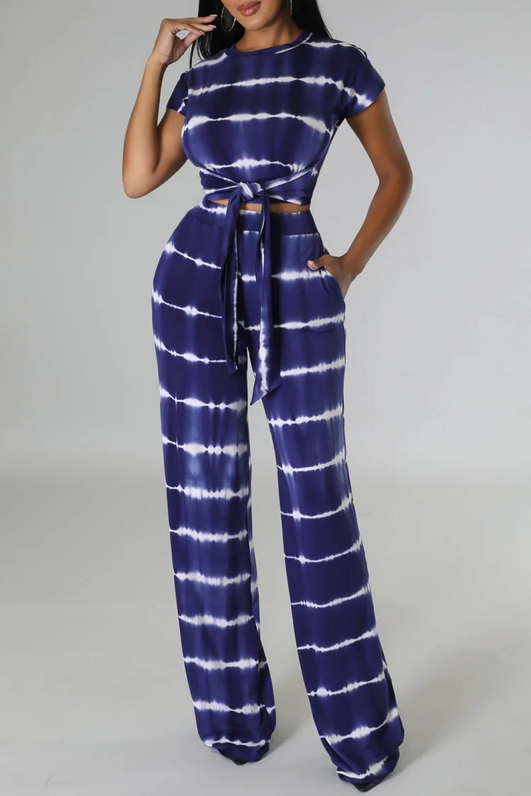 Deep Blue Casual Print Patchwork Frenulum O Neck Short Sleeve Two Pieces