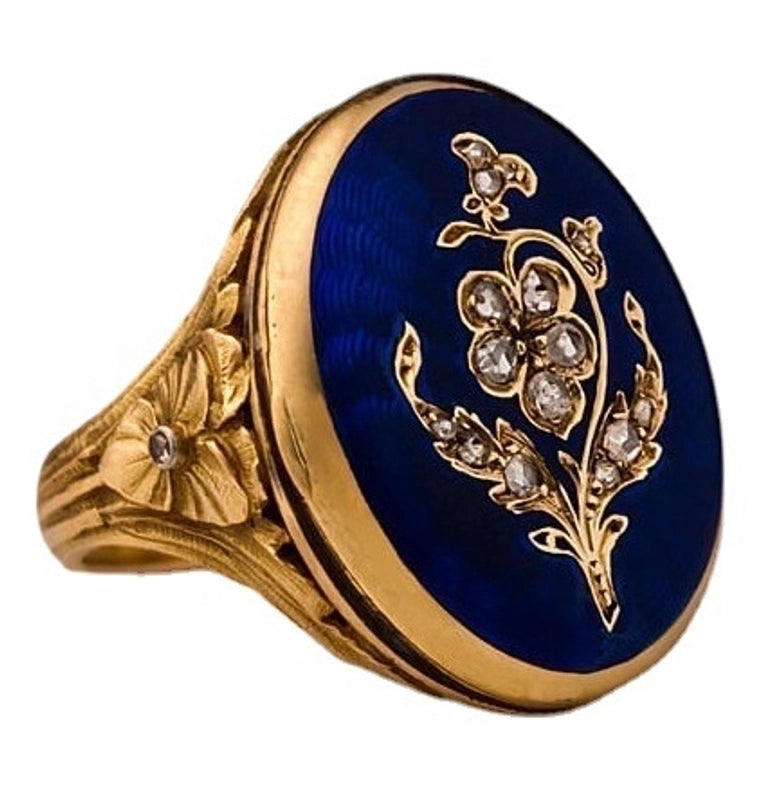 French Enamel Ring Art Nouveau Royal Style Rose Ring With Diamond