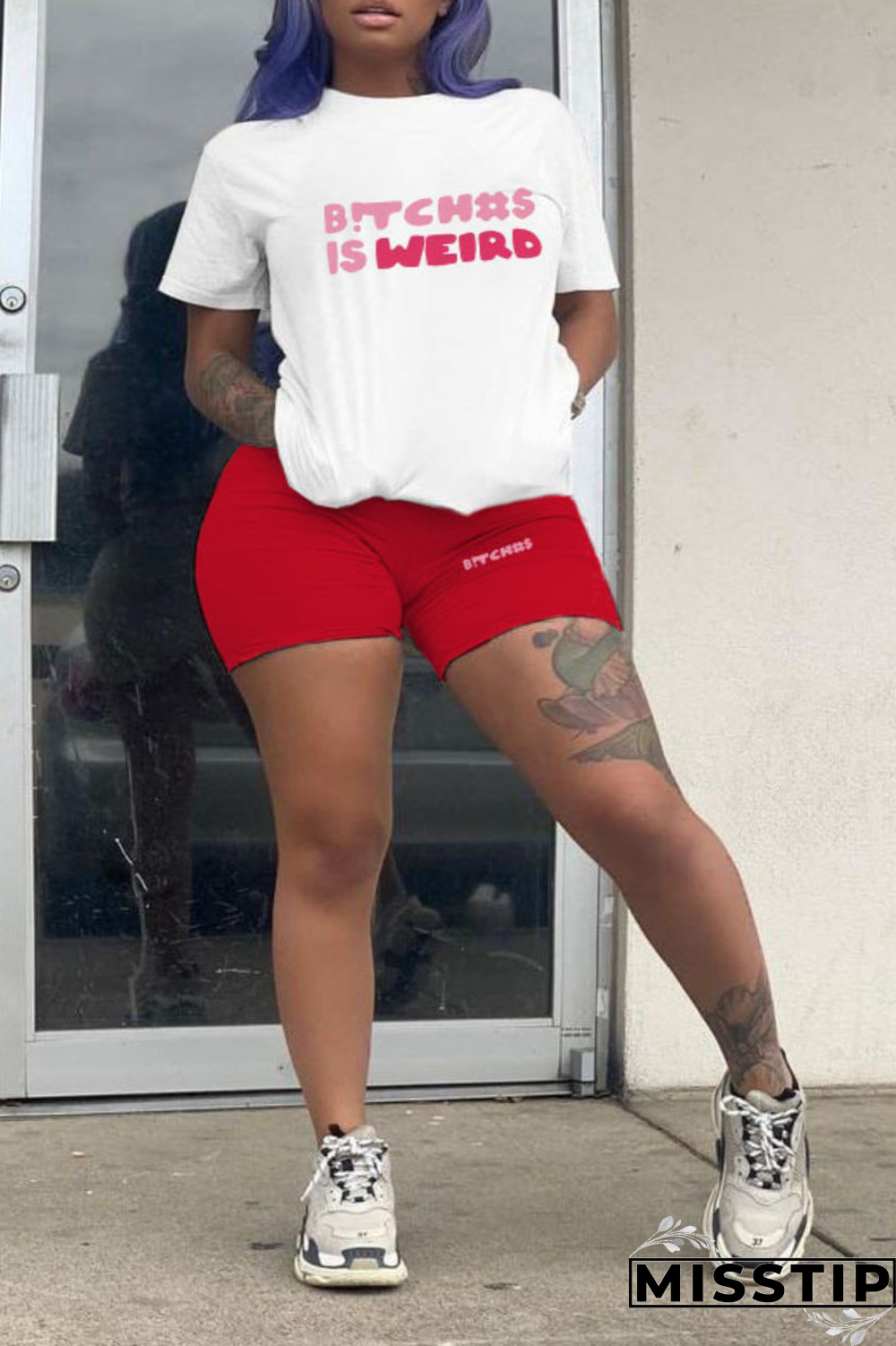 Blue Street Print Patchwork O Neck Plus Size Two Pieces