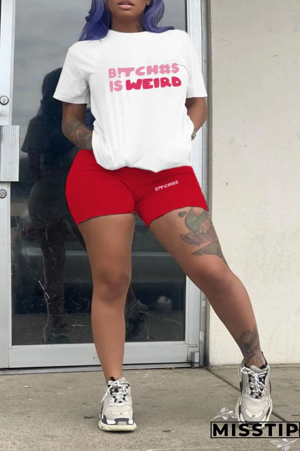 Blue Street Print Patchwork O Neck Plus Size Two Pieces