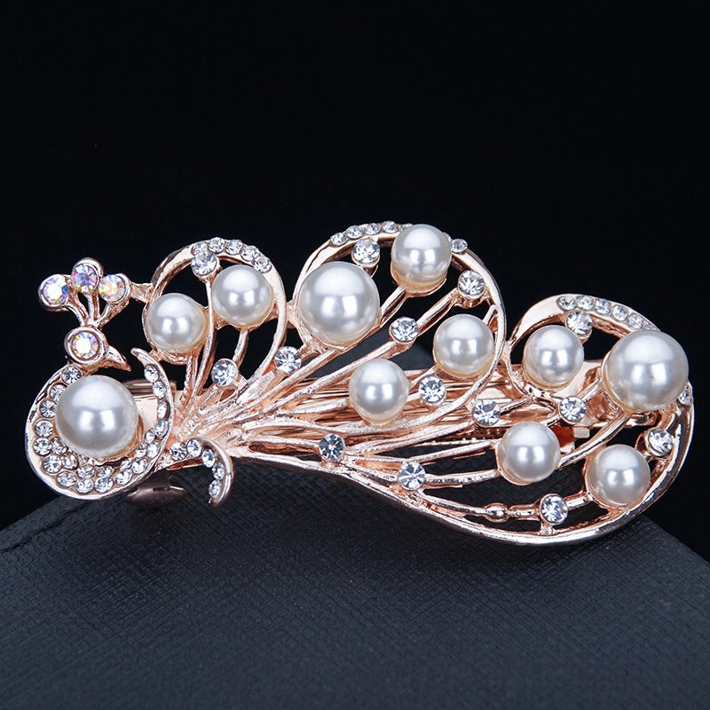 Korean Hair Accessories Rhinestone Bow Simple Hairpin Adult Pearl Horizontal Clip Ponytail Clip Top Clip Spring Clip Small