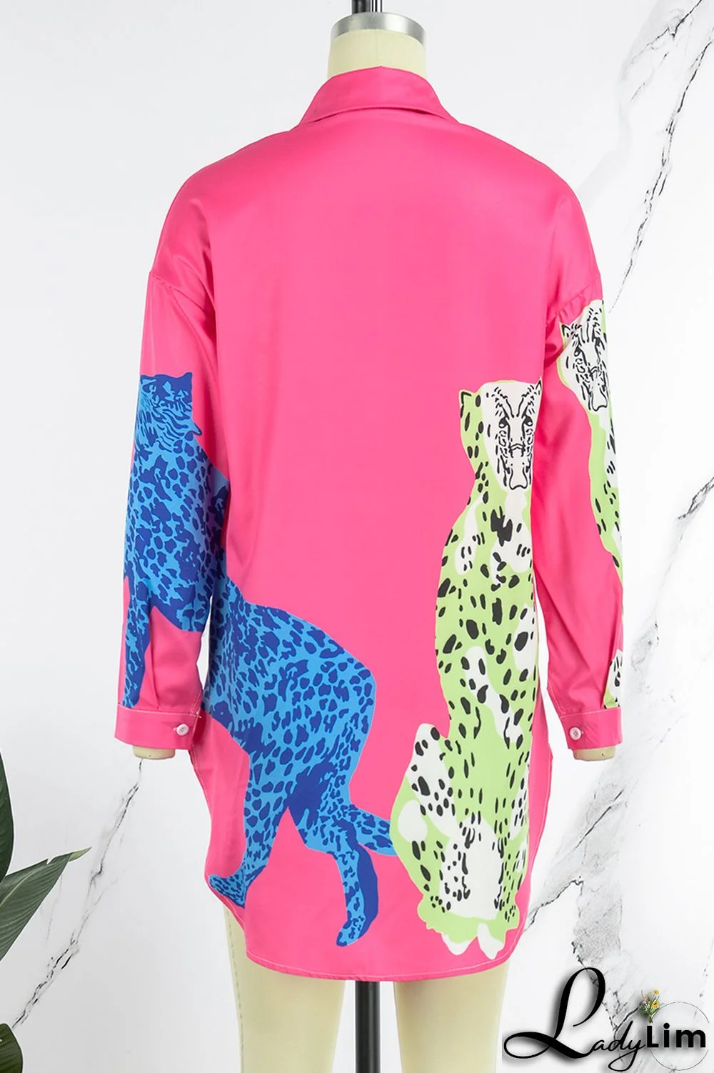 Rose Red Casual Street Print Patchwork Buckle Turndown Collar Tops