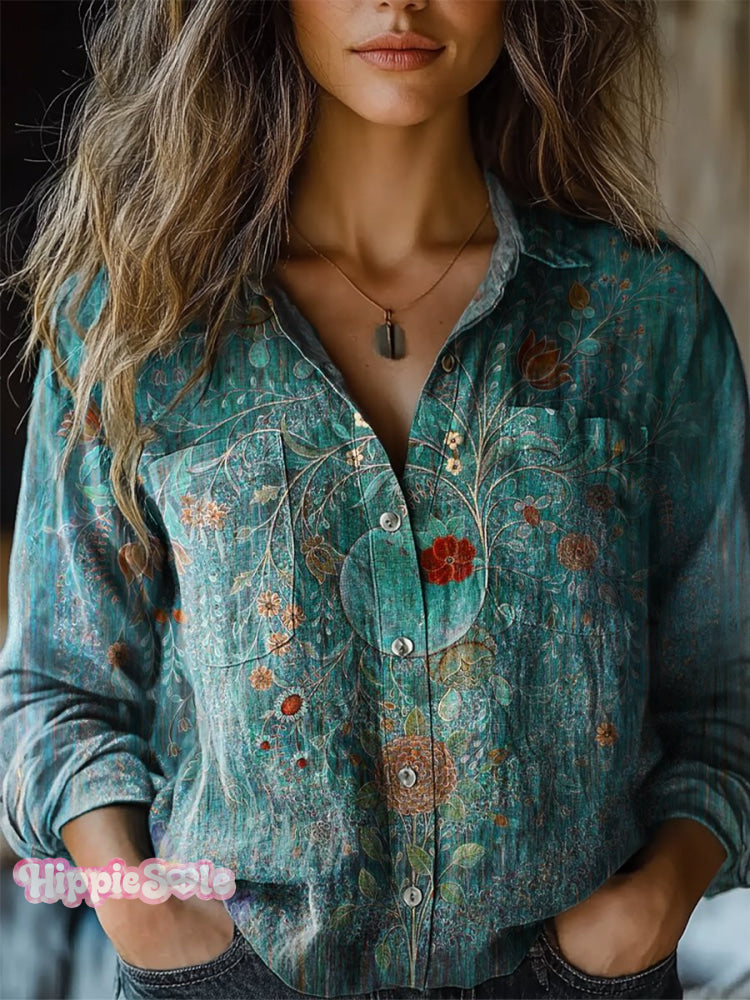 Women’s Retro Ethnic Floral Pattern Print Casual Long Sleeve Comfortable Cotton Shirt Multicolor / S