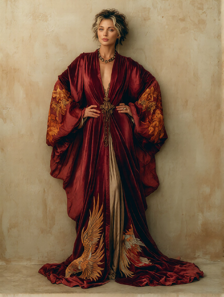 Women's Vintage Printed Court Robe(Including a red belt)