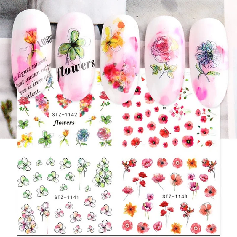 Nail Stickers Water Transfer Sketchs Flower Designs 4Pcs/Set Nail Decal Decoration Tips For Beauty Salons-Nail Inspo