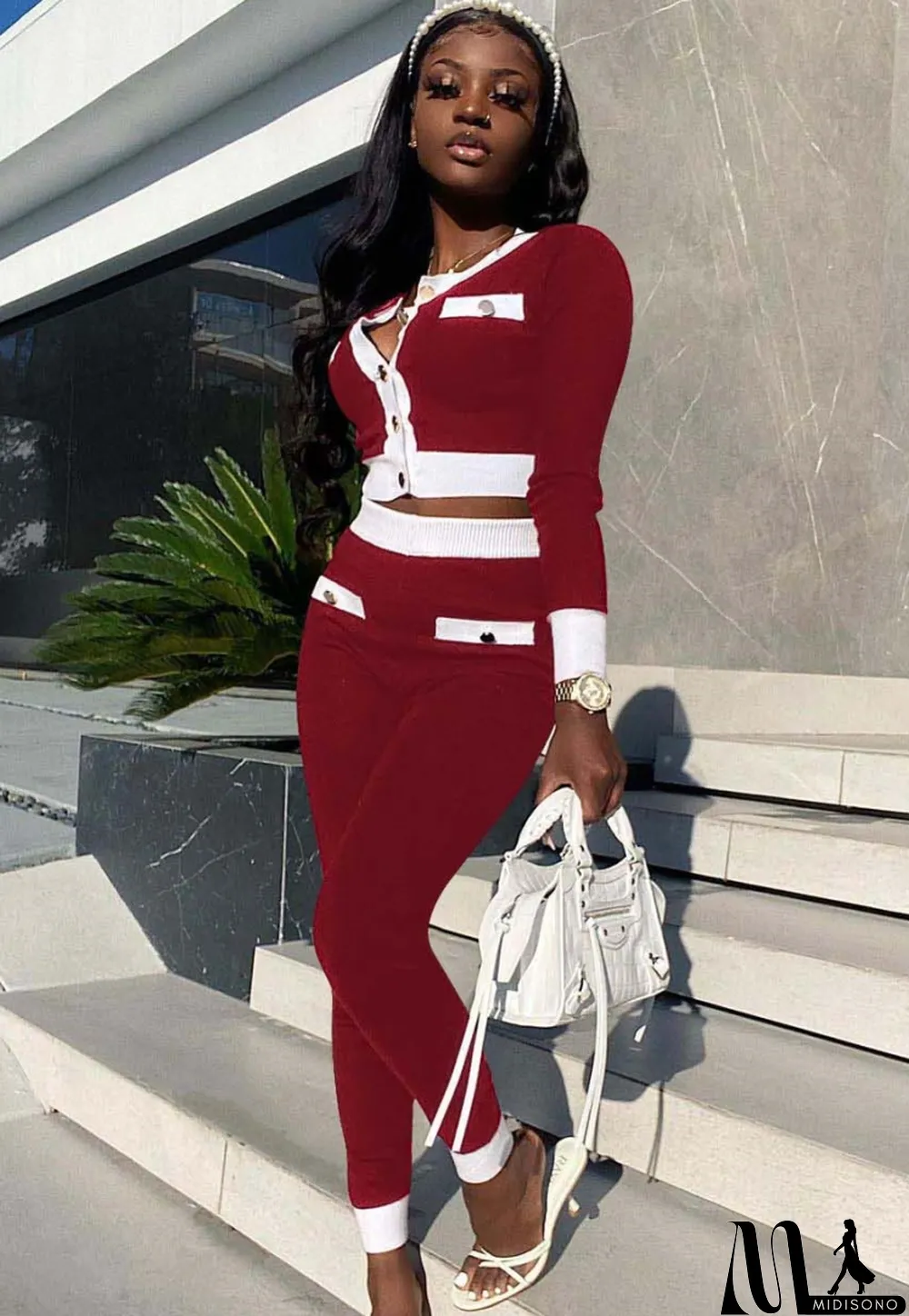 MidiSono - Winter Wholesale 2 Piece Outfits Red Contrast White Long Sleeve Top And Pant Set