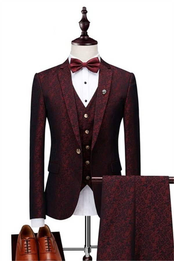 Jacquard Three Pieces Tuxedo Suit For Wedding Wine Ruby Notched Lapel | Ballbellas Ballbellas