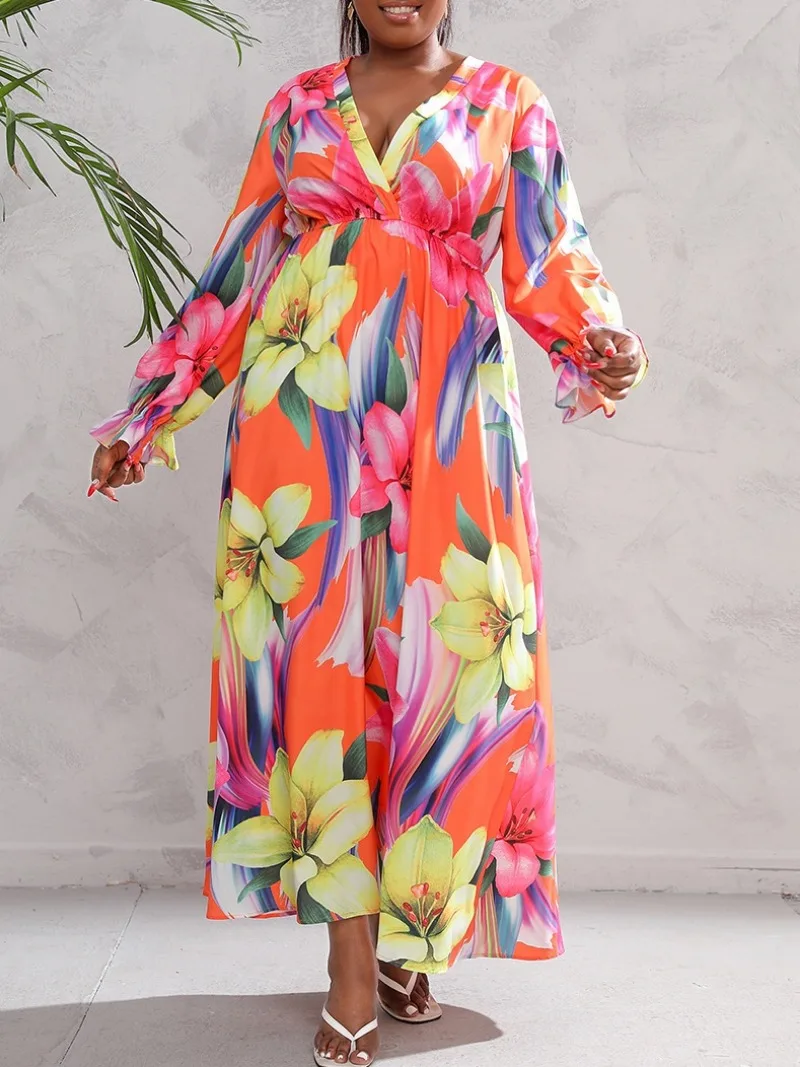 New Summer Women's Fashionable Floral Print Casual Elegant Dress Women's Long Sleeved V-neck Vacation Beach Skirt Long Skirt