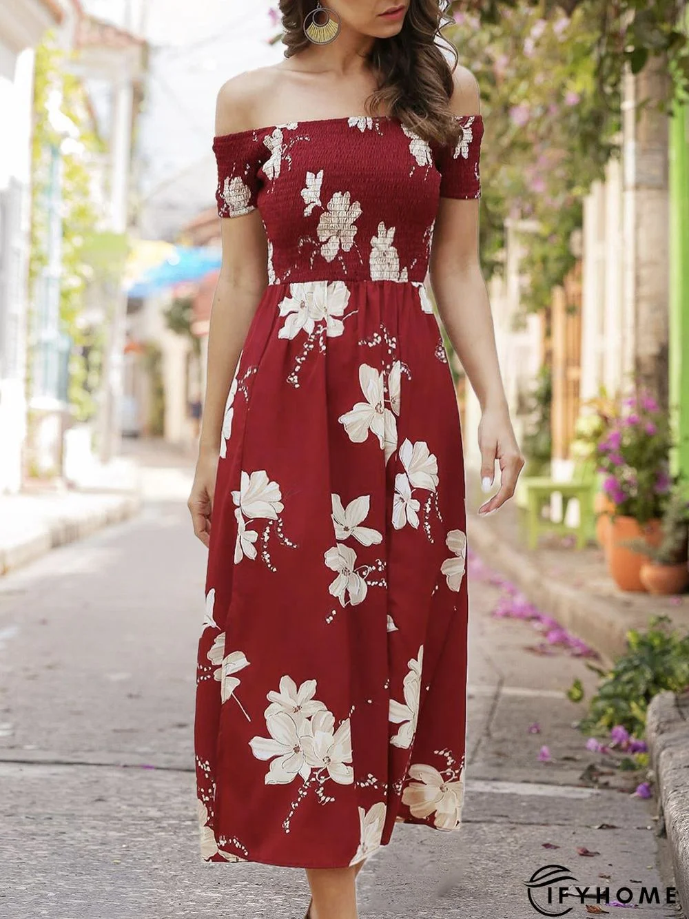 Horizontal Neck Holiday Floral  Midi Dress | IFYHOME