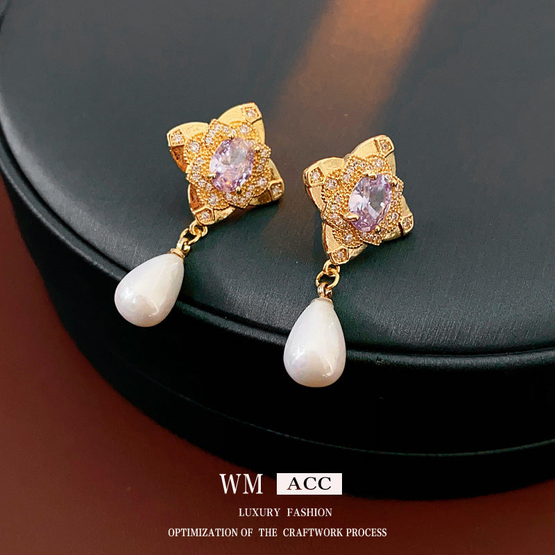 Luxurious Flower Droplet Flower Artificial Pearl Zircon Inlay Earrings