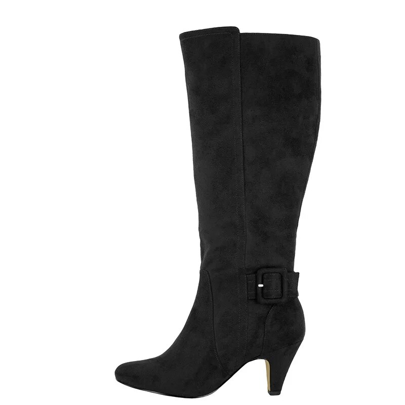 TAAFO Black Knee Long Boots High Cone Heels Women Round Toe Zipper Ladies Buckle Strap Shoes