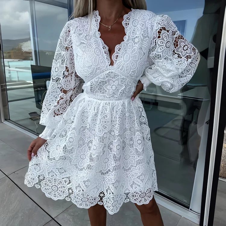 V Neck Cutout Lace Dress