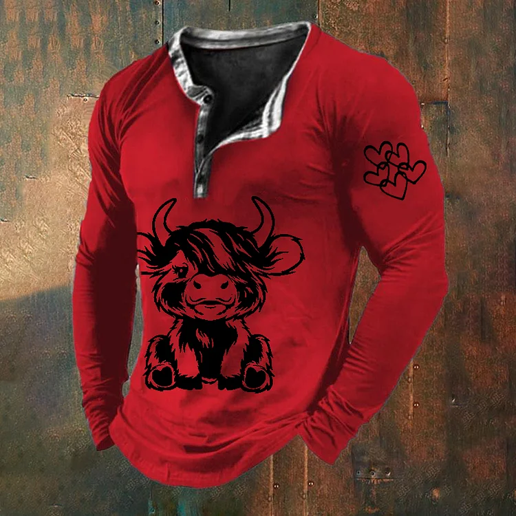 Comstylish Men's Highland Cow Printed Long Sleeve T-Shirt