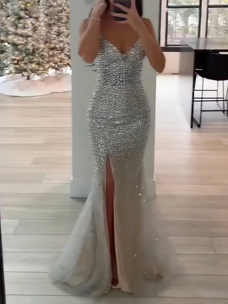Sleeveless Spaghetti-Neck Shiny Sequinned Mesh Mermaid Maxi Dresses Party Dresses