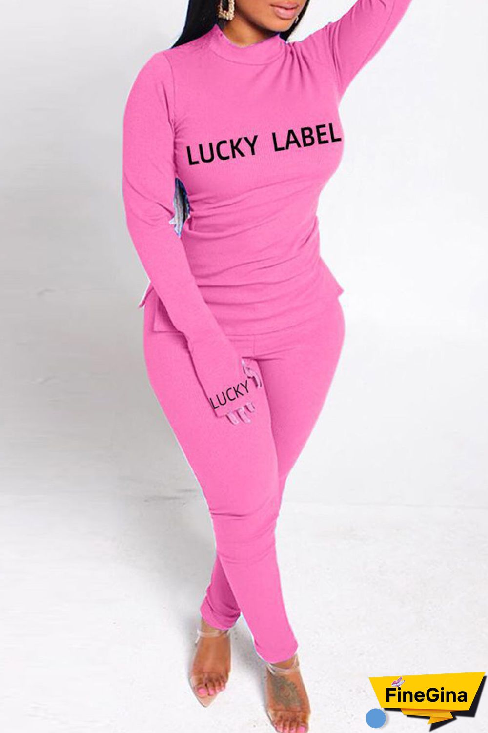 Fashion Casual Letter Print Basic Turtleneck Long Sleeve Two Pieces