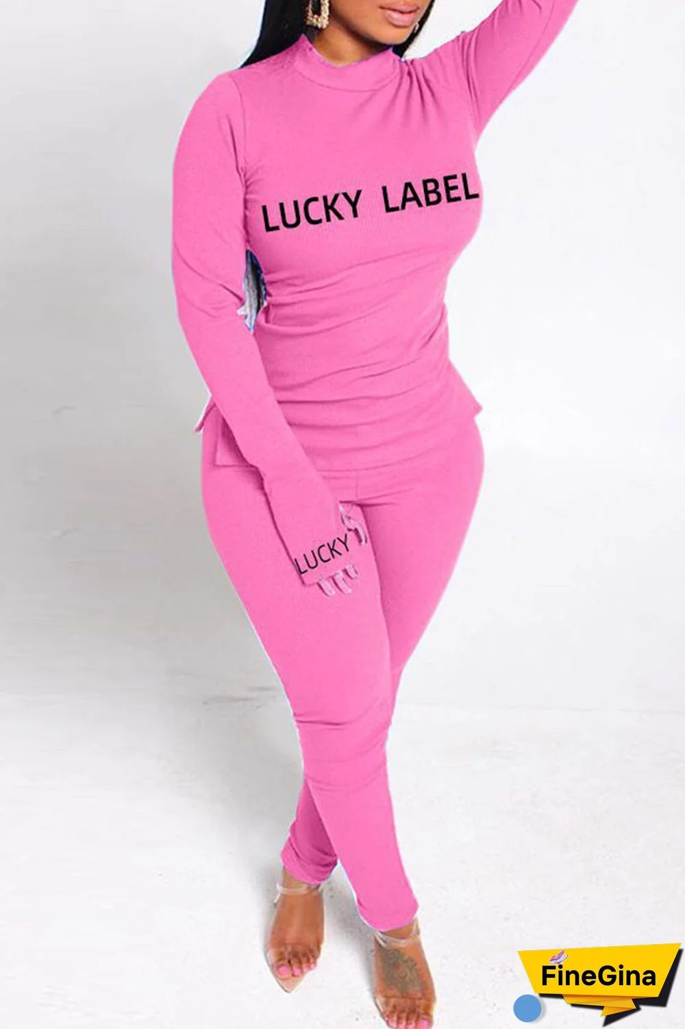 Fashion Casual Letter Print Basic Turtleneck Long Sleeve Two Pieces