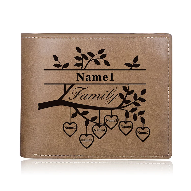 7 Names-Personalized Family Tree Leather Mens Wallet Engraved 7 Names-Special Gift Photo Wallet For Father/Grandpa