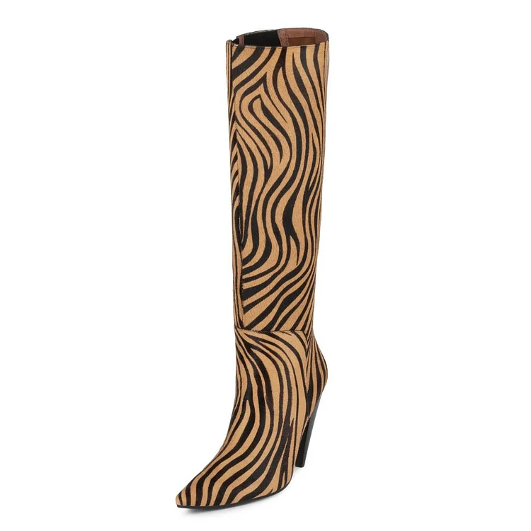 Brown and Black Zebra Fashion Boots Cone Heel Knee High Boots |FSJ Shoes