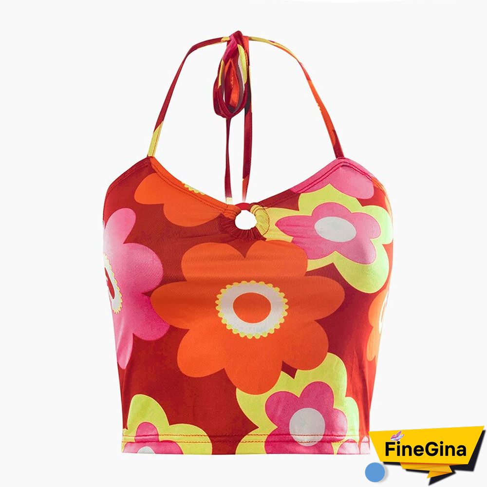 Flower Printing V-Neck Lace-Up Midriff Crop Tops Summer Women Casual Wild Home Clothing Streetwears