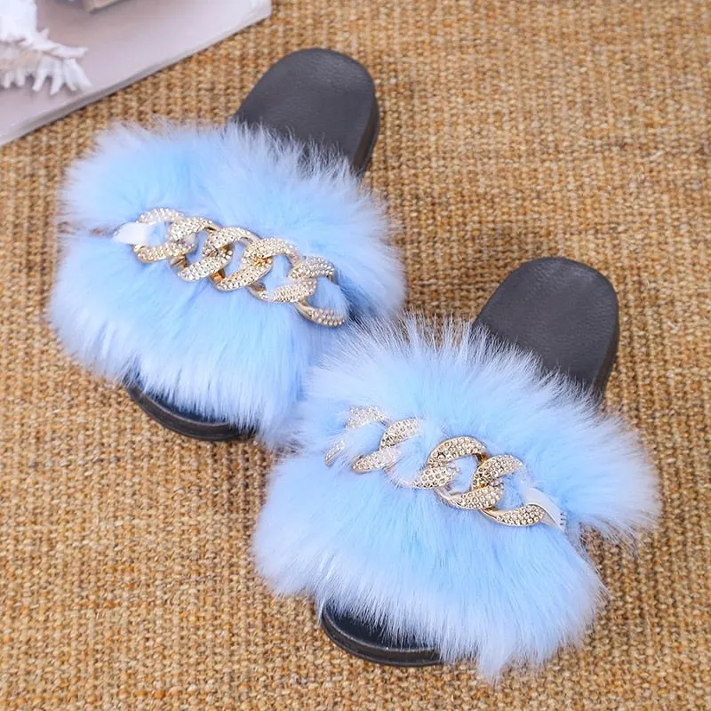 Fur Women Slippers Furry Fluffy Flip Flops Women Sandals Gold Chain Fur Slides Ladies Slippers Plus Size Shoes Women