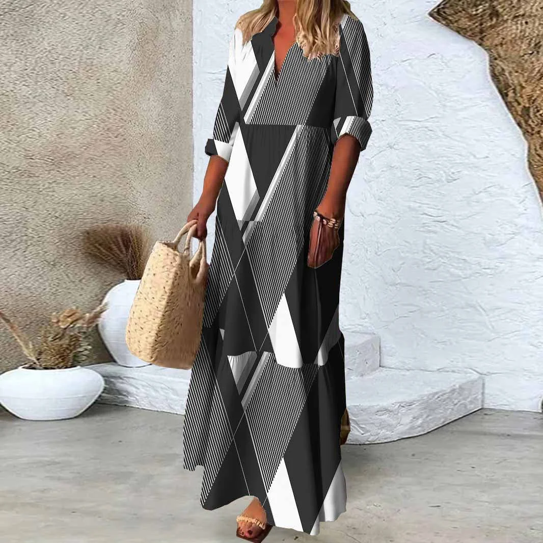 Women Geometric, Black, White DZDN0651 SPU Printed Long Sleeve V-neck Maxi Dress