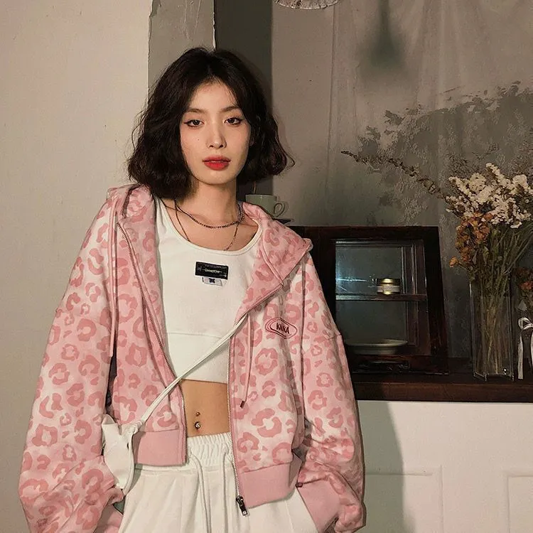 Women's Y2K Pink Leopard Print Cropped Zip Up Hoodie Long Sleeve Crop Sweatshirt