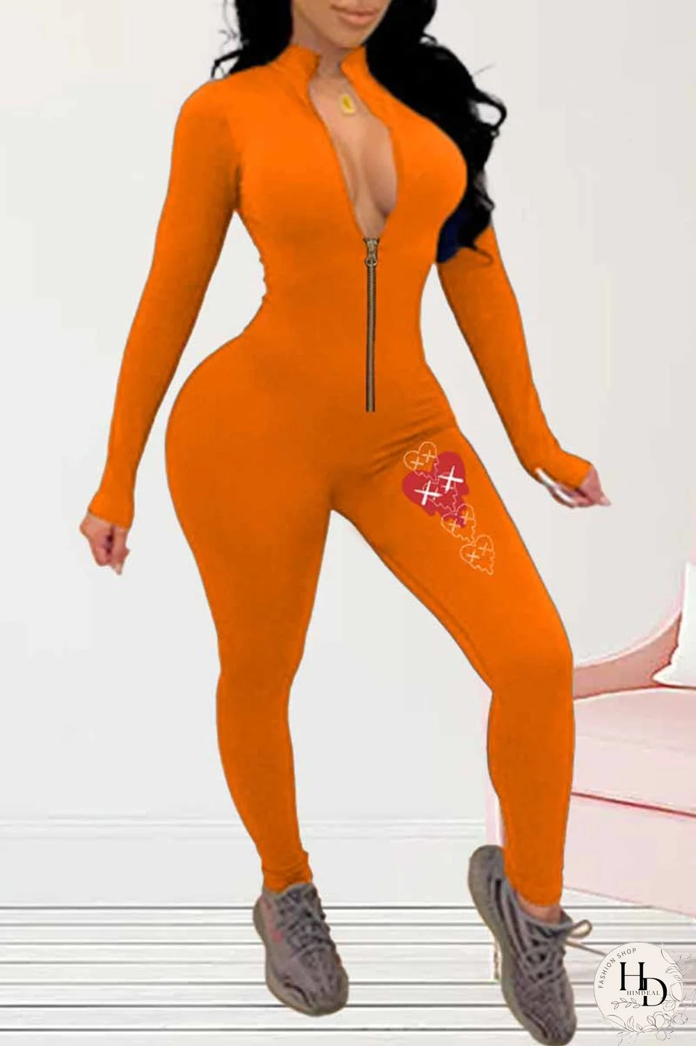 Orange Sportswear Print Patchwork Zipper Collar Jumpsuits