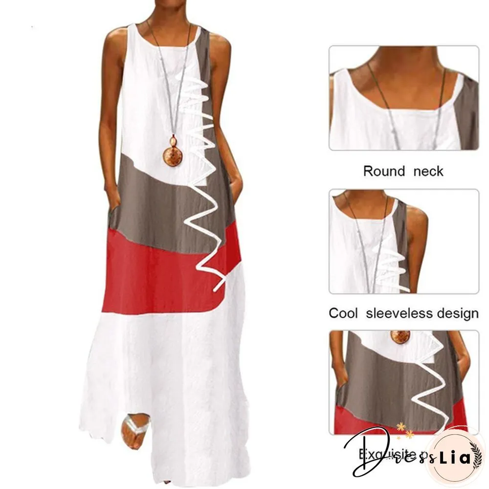 Vintage Color Stitching Maxi Dress Women's Summer Sundress Casual Sleeveless Tank Female O Neck RobeCIU8