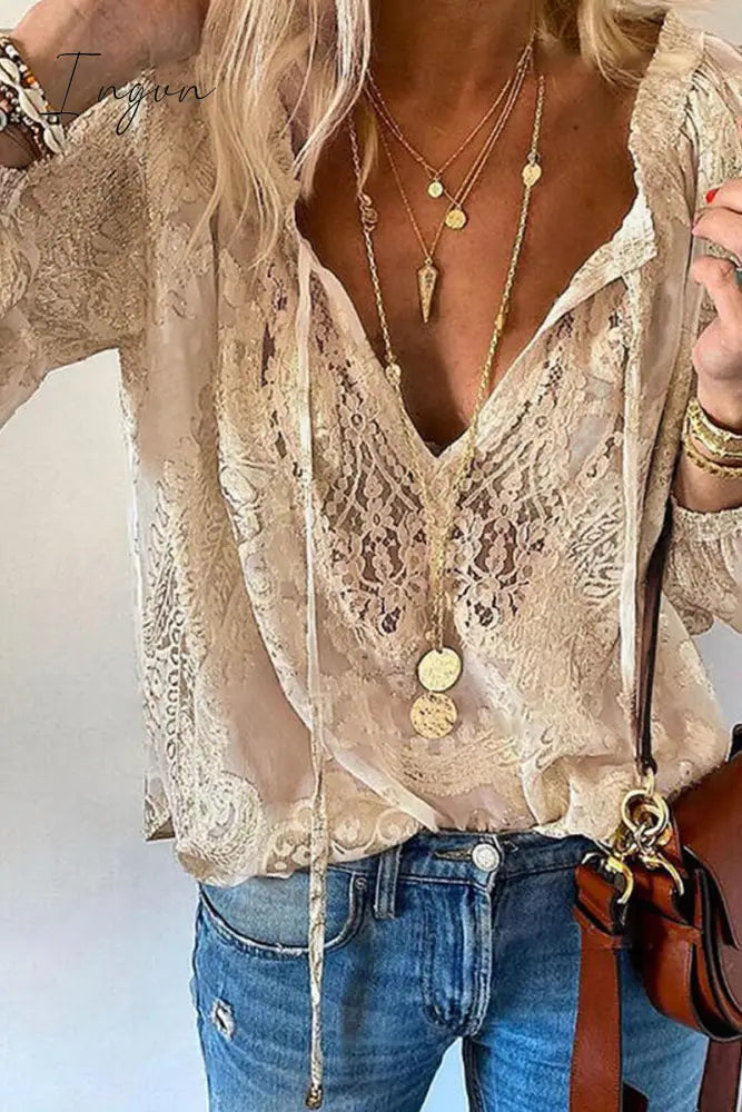Ingvn - Fashion Elegant Solid Patchwork V Neck Blouses(4 Colors) Khaki / S Tops/Blouses & Shirts