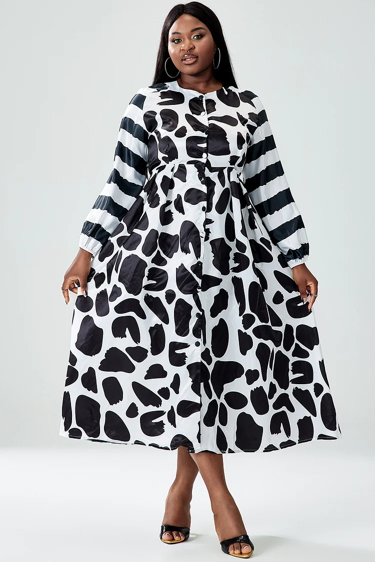 Xpluswear Design Plus Size Black Casual Lantern Sleeve All Over Print Striped Midi Dresses