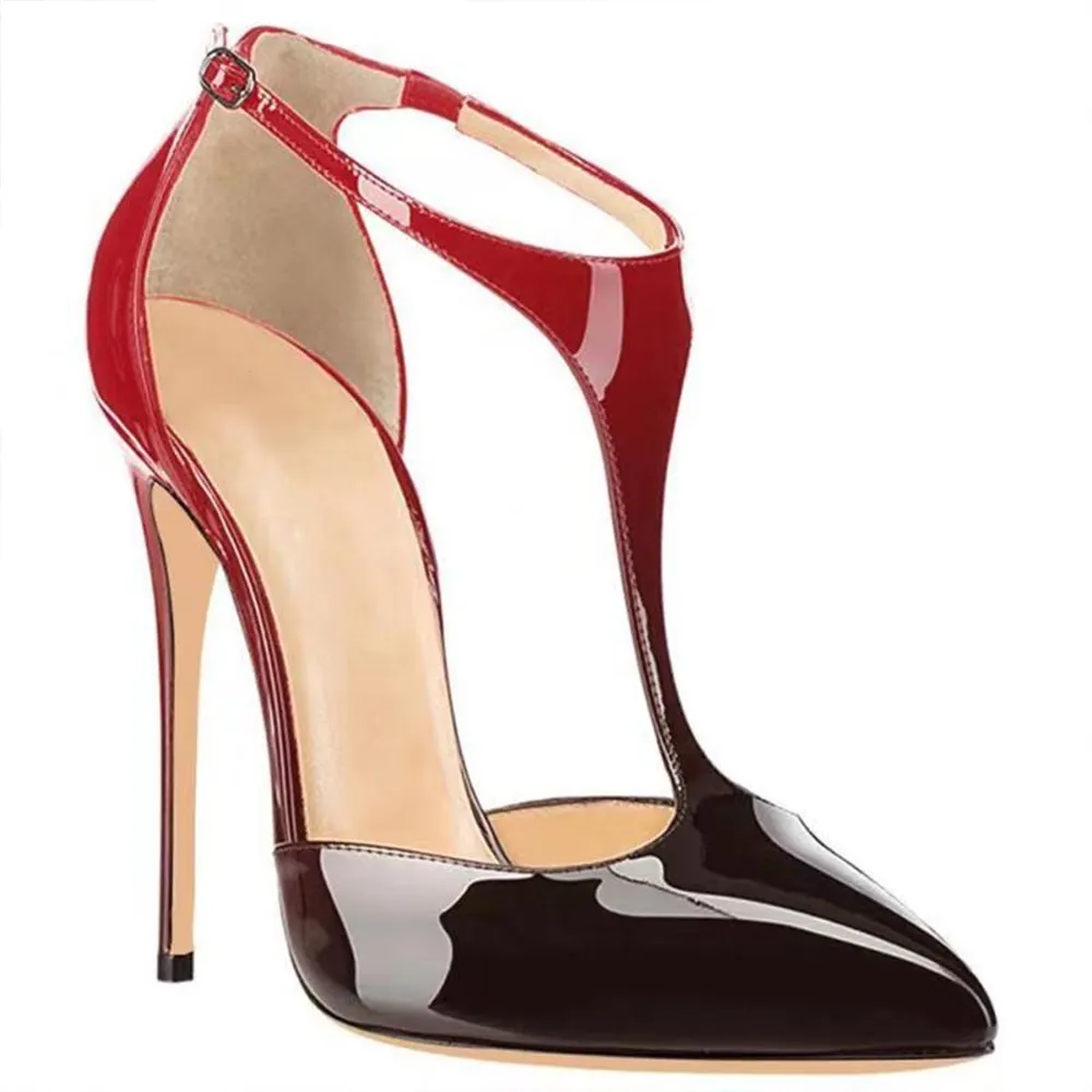 120mm Womens T-Strap Pumps High Heels Red Black Patent Pumps-vocosishoes