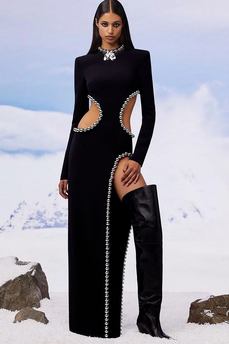 Cut Out High Split Beaded Maxi Dress-Black