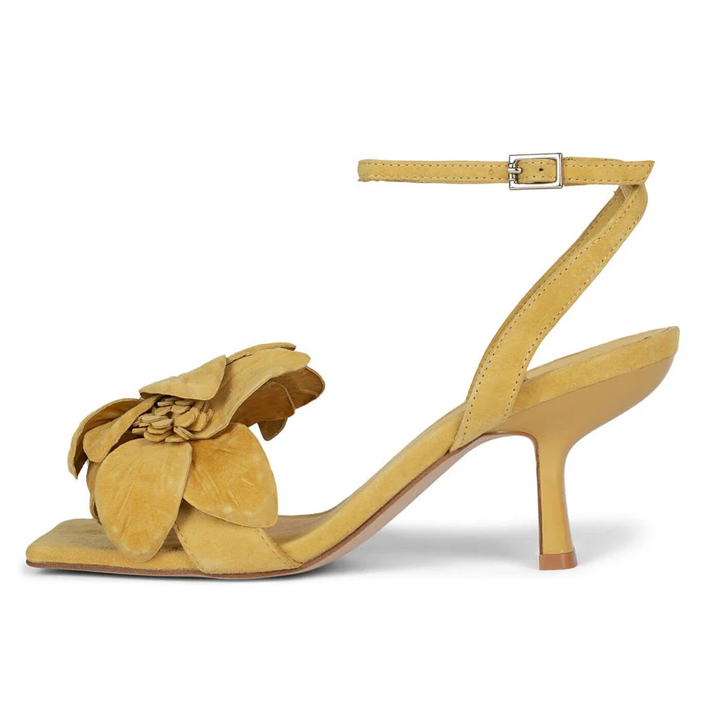 Mustard Velvet Floral Inlay Ankle Strappy Sandals With Kitten Heels Nicepairs