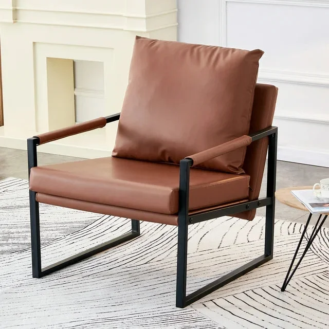 Modern Arm Chairs, BTMWAY Mid-Century PU Leather Accent Chair with Metal Frame, Upholstered Reading Armchair, Single Sofa Chair for Living Room/Bedroom, Brown