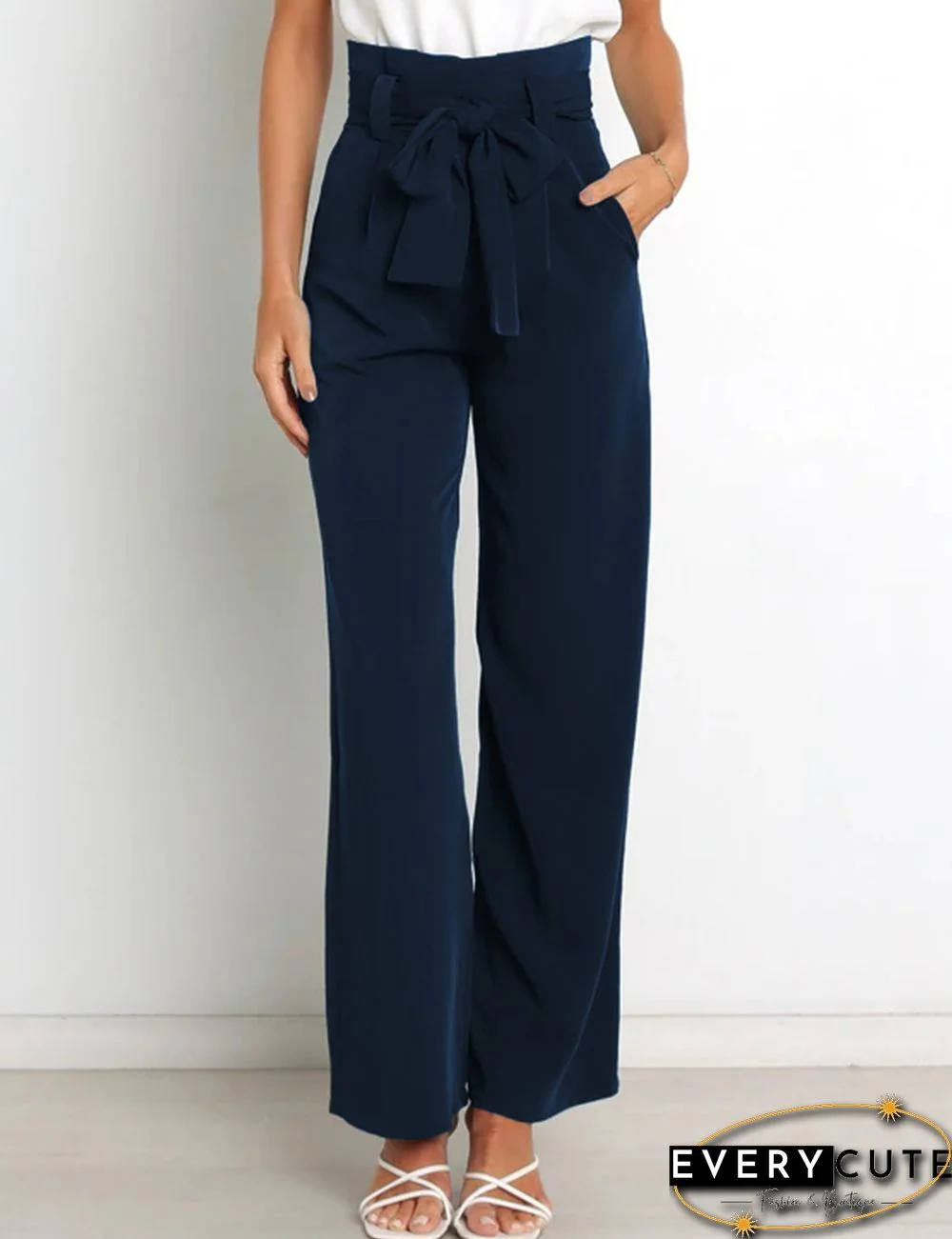 Navy Blue Wide Leg High Waist Pocket Pants with Belt